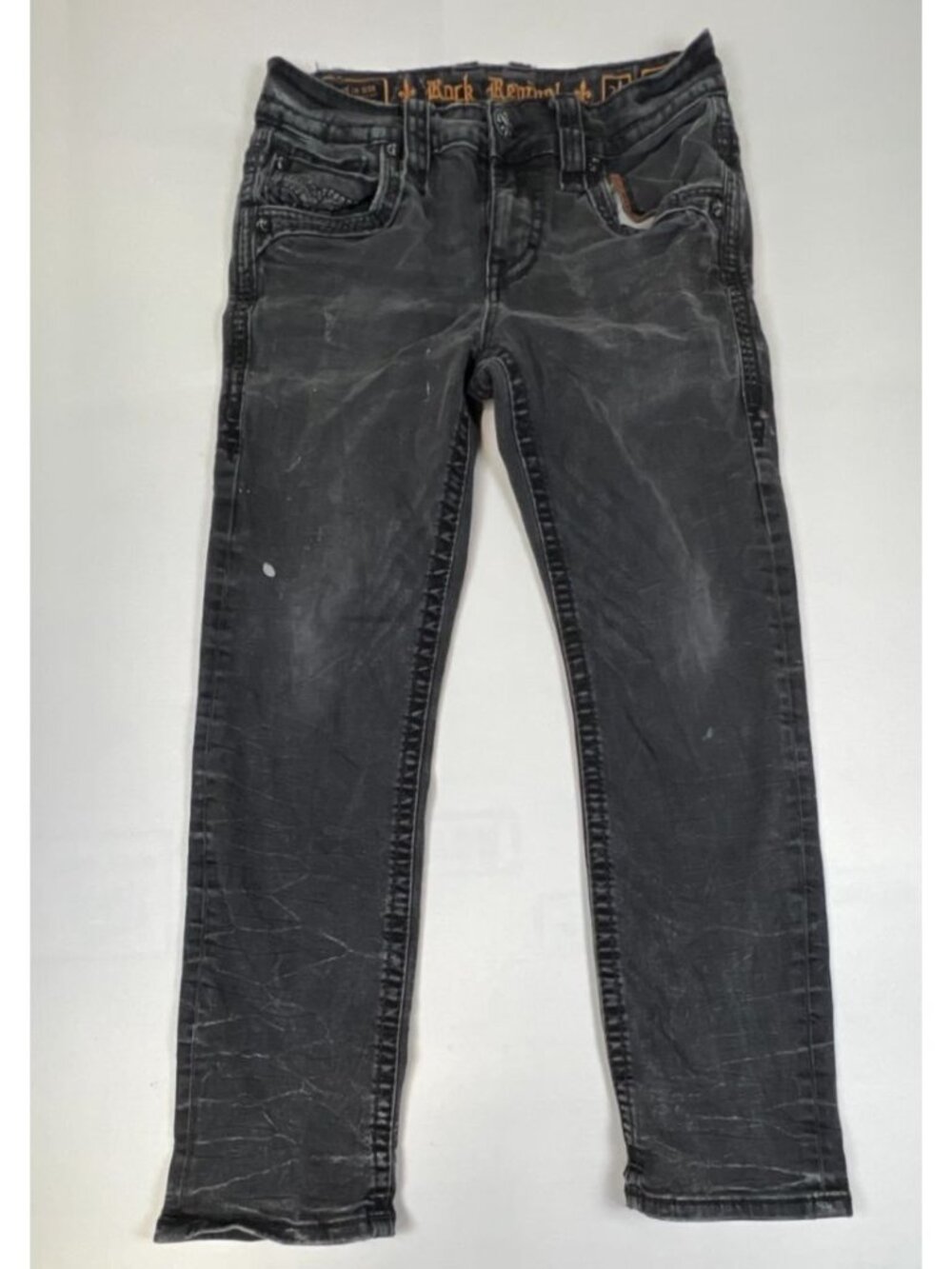 Rock Revival Men 30 Bolton Straight Fit Gray Black Distressed Denim Jeans